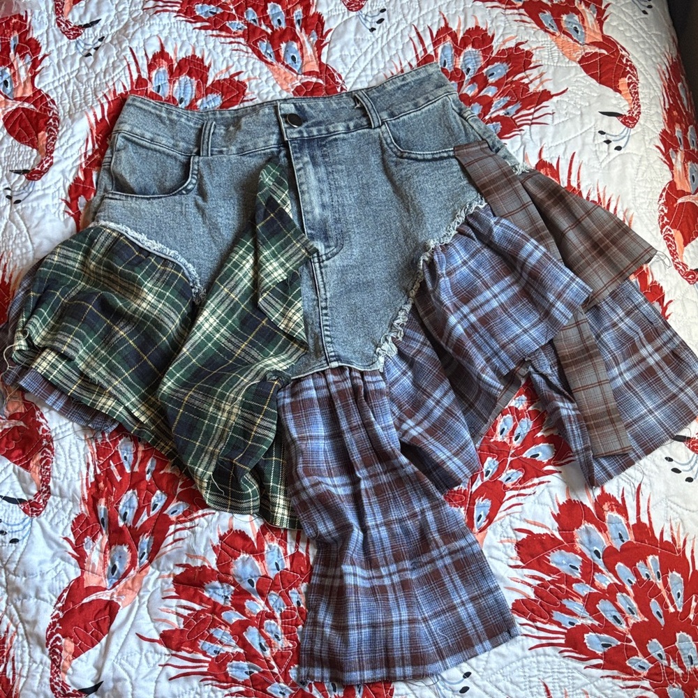 Asymmetrical Plaid Patchwork Denim Skirt